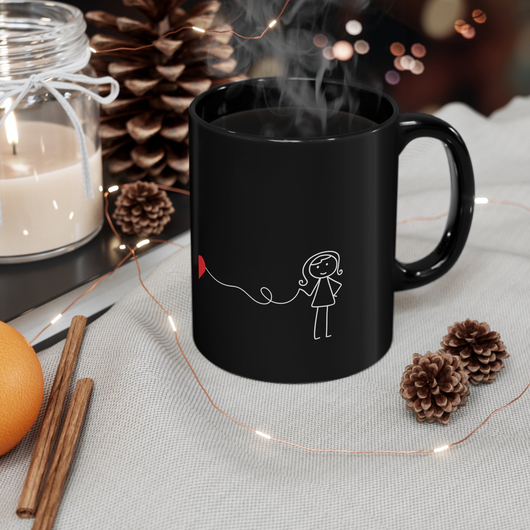 Girl Looking for Boy Heart 11oz Black Mug